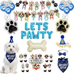 Dog birthday decorations for kids, puppy birthday party supplies, bandana, hat, bow tie, banner, paw print balloons and cake topper