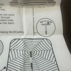 Black and White Striped Beach Umbrella With Fringe and Bag