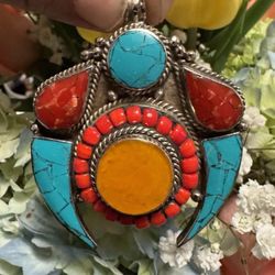 Stunning & Unique Handcrafted Ethnic Tibetan & Navajo Style Pendant With Stones Set In Silver 3”in & 74grams.