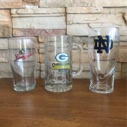 NOTRE DAME, CHAMPIONS SUPER BOWL AND LEINEKUGEL GLASS BEER MUGS