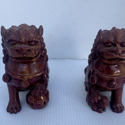 Pair of Chinese Foo Dogs / Lions Red Resin Feng Shui Statues 4.5"  