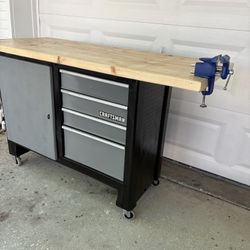 Craftsman Toolbox /Bench-Restored/New-4 Drawers/Liners, Cabinet, Swivel /Lock Whls, Wood/Poly Top, 3.5” Vise