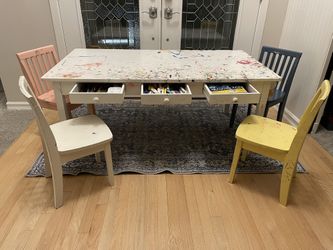 Pottery Barn Kids Art Table with 4 Chairs – Solid Wood, 3 Drawers, Paper Roll Holder
