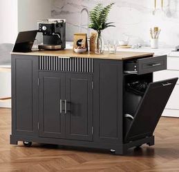Assembled New Fluted Kitchen Island w/ Trash Can Storage Cabinet Power Outlet Internal Storage Rack