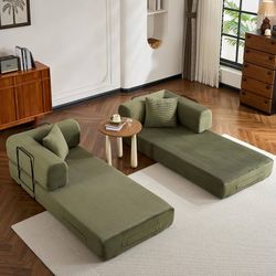 Trendy Green Corduroy Modular Sofa Bed