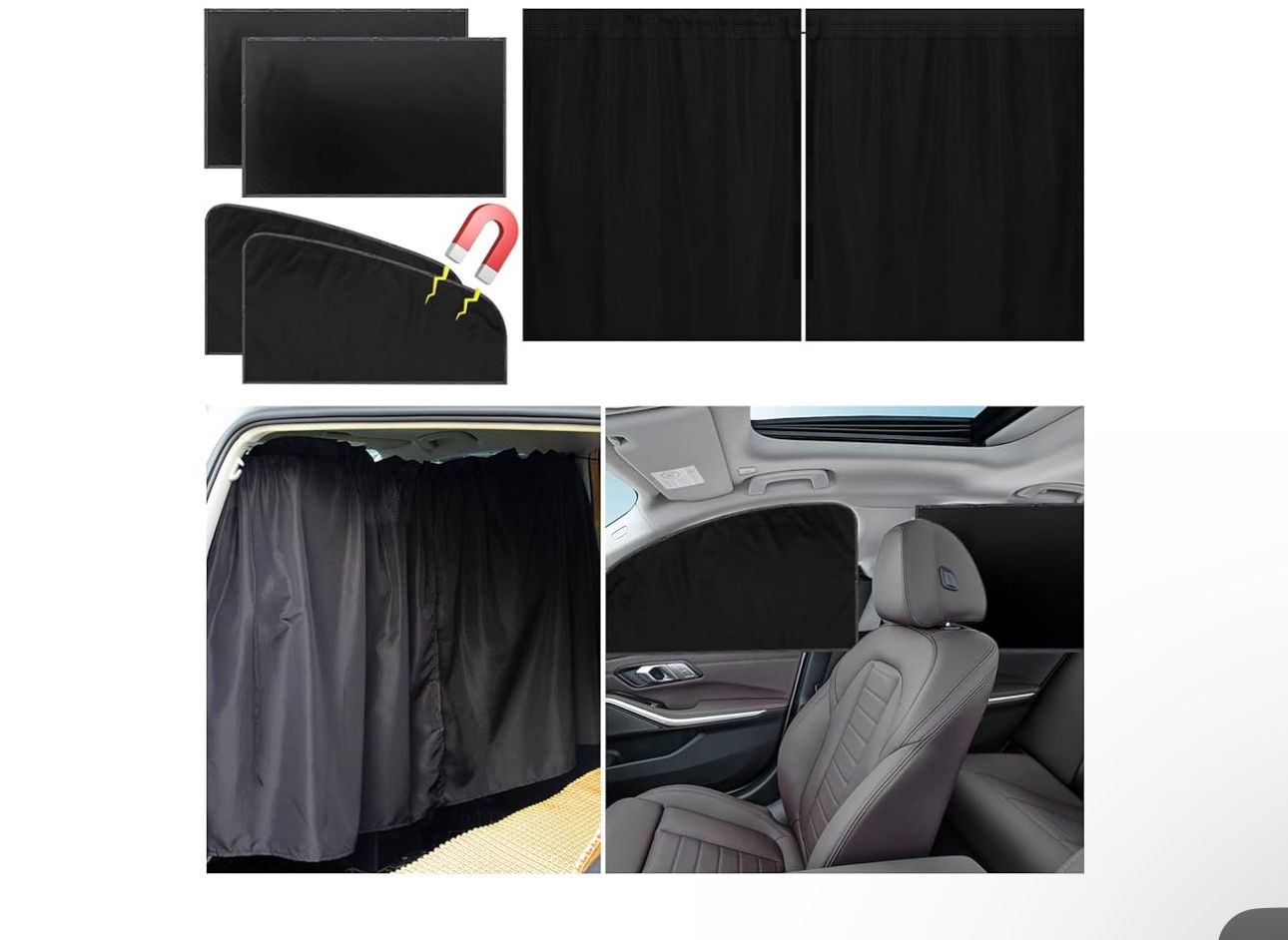 Set of 5 Car Privacy Curtains - 4 Magnetic Side Car Window Curtains & 1 Rear Seat Divider Curtain with Storage Bag, Sun Baby Shades Screen Covers for 