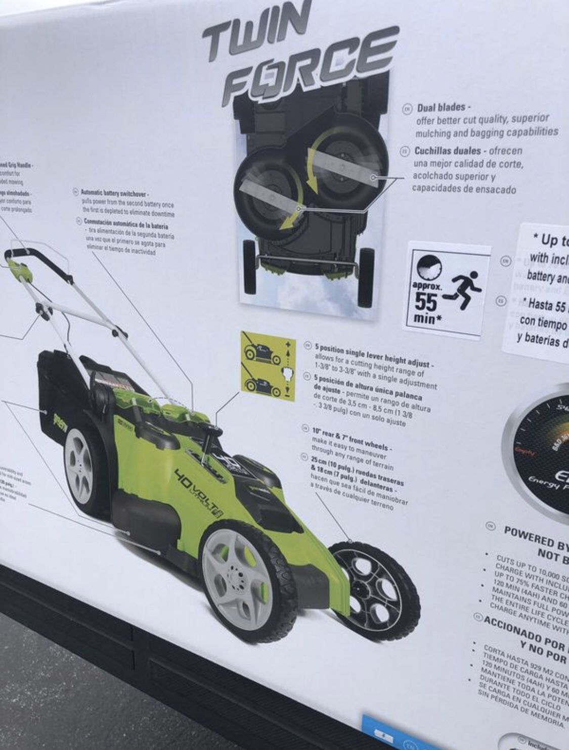 Greenworks 20Inch 40V Dual Blade Cordless Lawn Mower 25302 New with 2