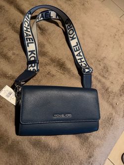 Michael Kors Women Large Jet Set Leather Zip Around Crossbody Purse Bag Navy