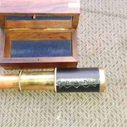 Beautiful Brass Spyglass w/ Decorative Wooden Box w/ Brass inlays