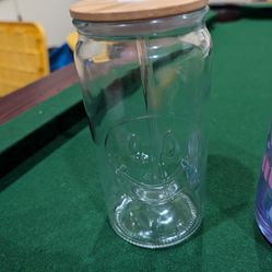 Smiley face glass cup with wood lid