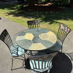 Slate Mosaic Table Set - Round Stone Top with 4 Metal Chairs, 8 Cushions, & Glass Tabletop