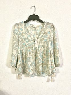 NWT LOVESTITCH Boho Peasant Blouse - Ivory Blue Tassel Tie - Size Sm