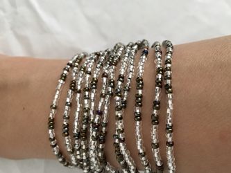 Handcrafted Bracelet 12 Rows Silver Black Beads 7.5 inch