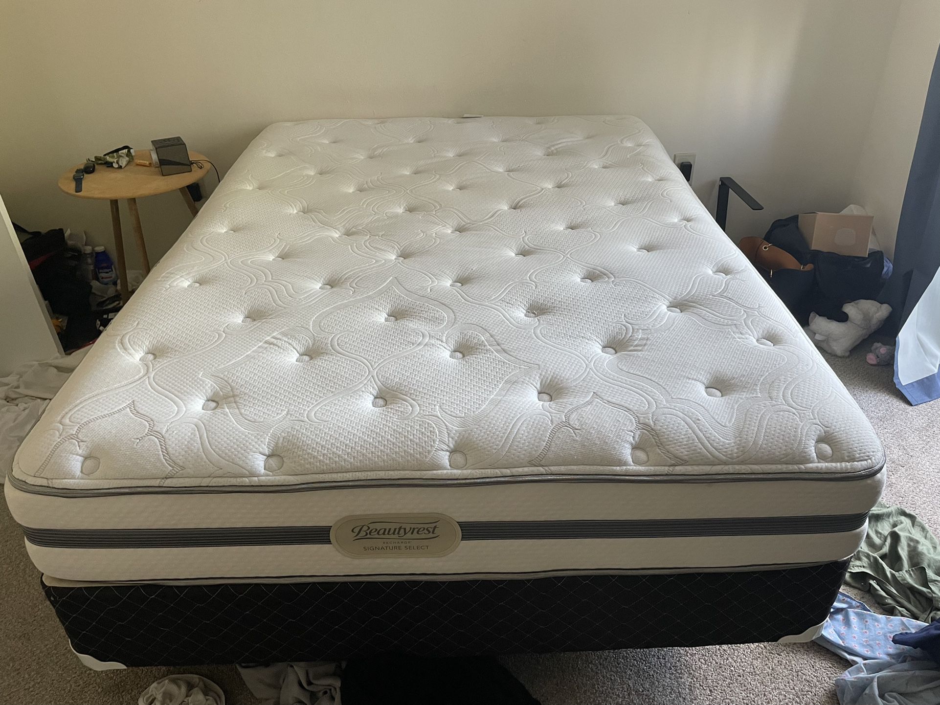 Queen Size Bed, Box spring And Bed Rails, Table 