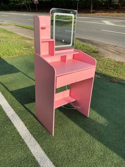 Pink Vanity Desk with LED Mirror