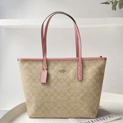 F58292 COACH City Zip Tote in Signature Khaki / Pink Outlet