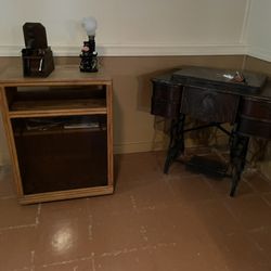TV Cabinet And Antique Sewing Machine 
