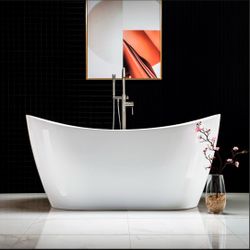 B0016/BTA1516, 59" Acrylic Freestanding Bathtub Contemporary Soaking Tub with Brushed Nickel Overflow and Drain, White Tub,