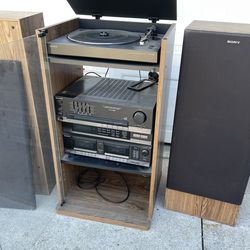 Stereo deck Sony turntable dual Cassete player pair of large speakers
