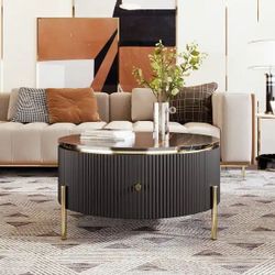 NEW Modern Round Coffee Table with 2 large Drawers Storage Accent Table - Black