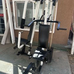 Multifunctional gym. Bench, bars and discs.