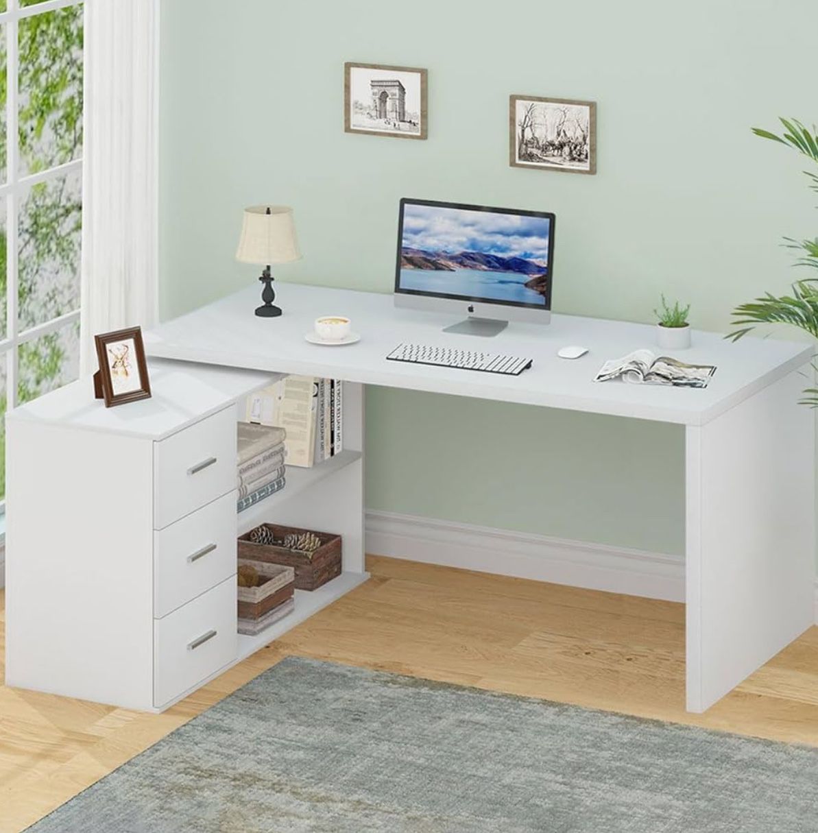 HSH White L Shaped Desk with Drawers Shelves, Corner Home Office Desk L Shape with Storage Cabinet, Large Wood Computer Desk for PC Executive Work Wri