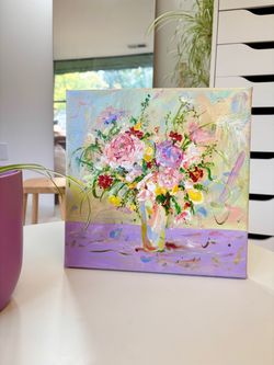 Original Acrylic Floral Painting, "Bouquet on a Purple Table", Impressionist Art