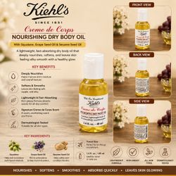 Kiehl’s Creme de Corps Nourishing Dry Body Oil – Travel Size 1.4 fl oz / 40 ml | Lightweight Hydrating Body Oil