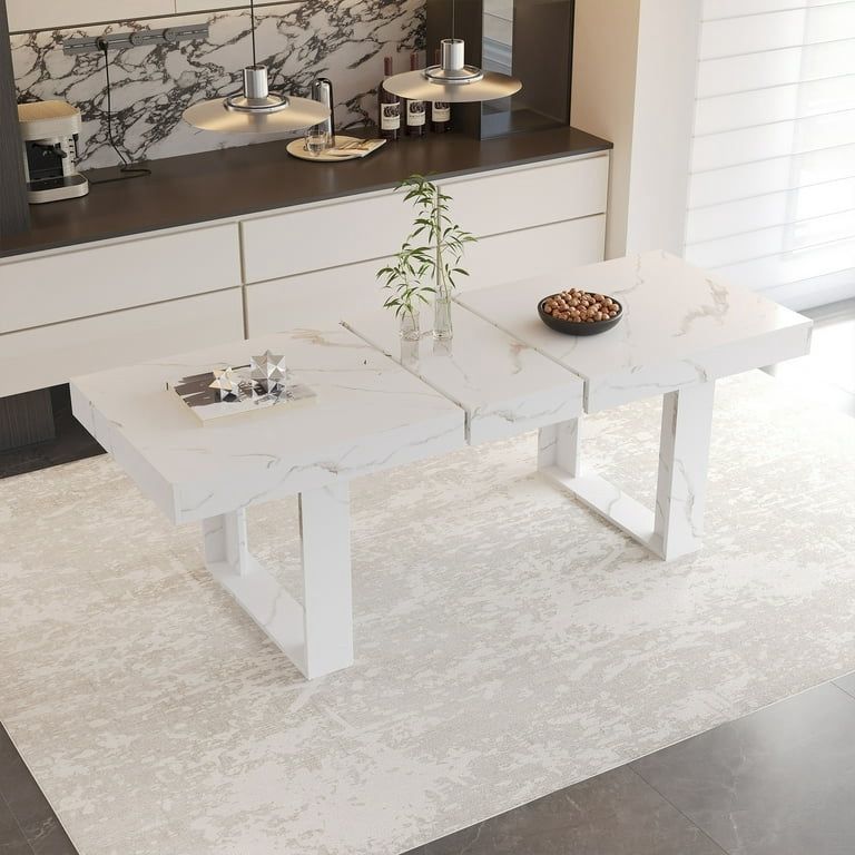 70.9”-86.6” Extendable Wooden Dining Table Kitchen Expanding Table Faux Marble Tabletop White 