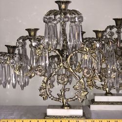RARE Pair of Large Hollywood Regency Crystal Tabletop Candelabras, 100 Crystals!