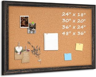 Cork Board Bulletin Board, 24"x18" Corkboard for Wall Rustic Black Wooden Frame, Decorative Pin Board, Message Board, Notice Board, Vision Board for H