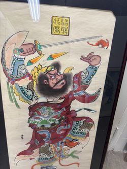 Vintage Chinese Ancestor / Warrior Scroll Painting - Hand-Painted Folk Art