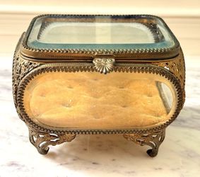 Vintage Filigree Jewelry Casket with Beveled Glass & Velvet Linin