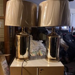 Modern Gold Table Lamps – Matching Pair w Drum Shades