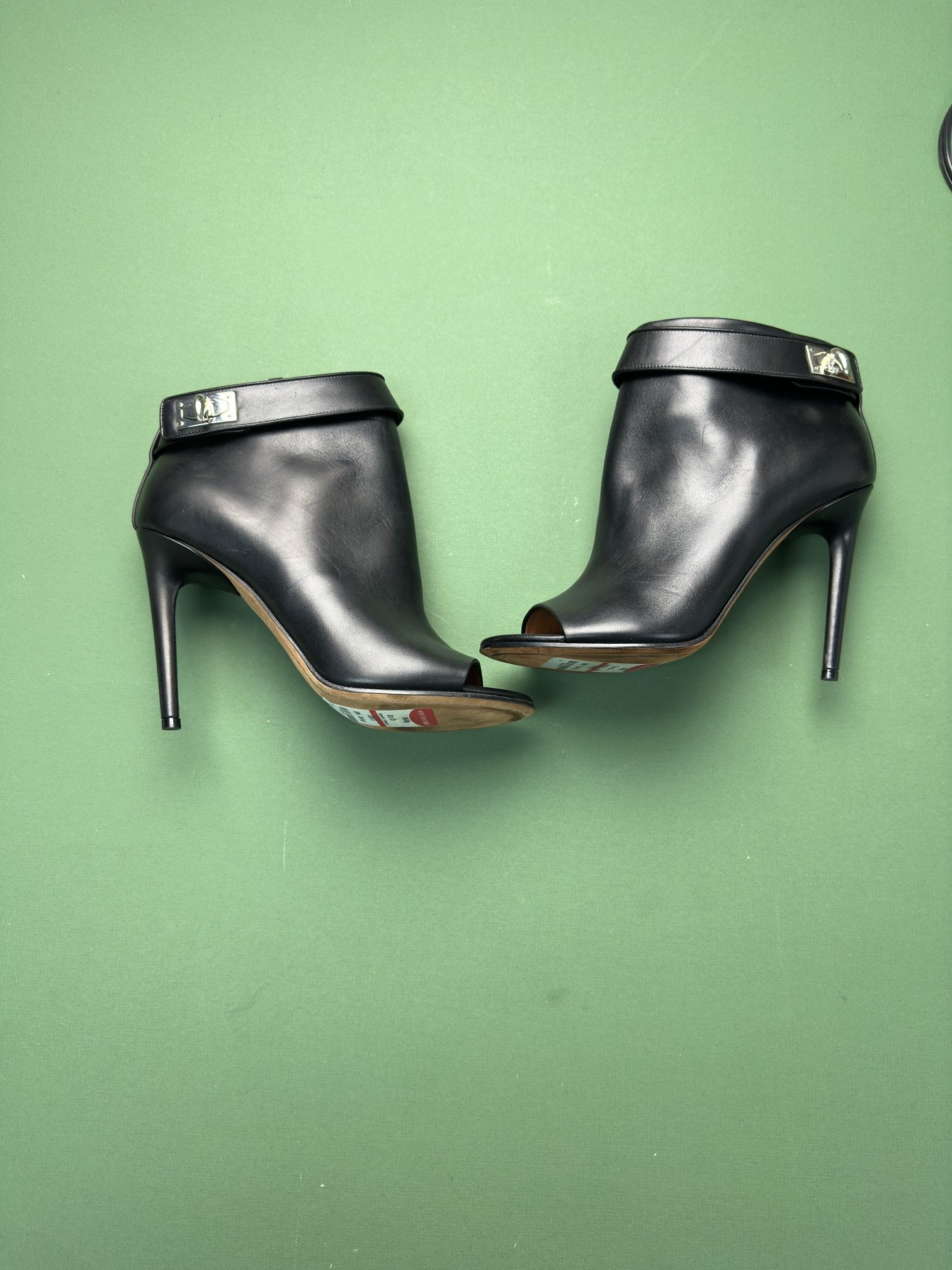 GIVENCHY Black Leather Shark Lock Peep Toe Booties. Size 9