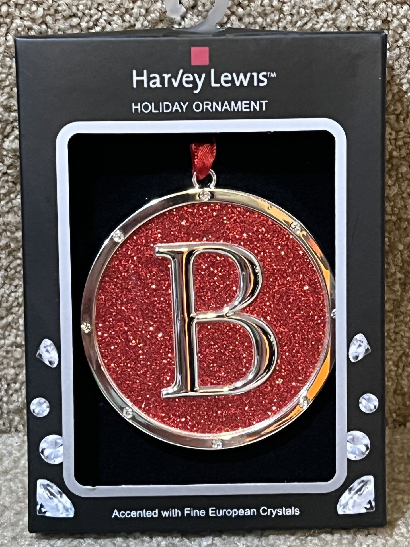 Harvey Lewis Red Christmas Ornament Letter B w/ Fine European Crystals Boxed