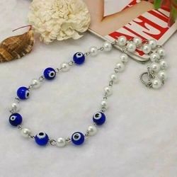 Handmade Turkish Evil Eye Bead Glass Pearl 18" Long Necklace with Toggle Clasp