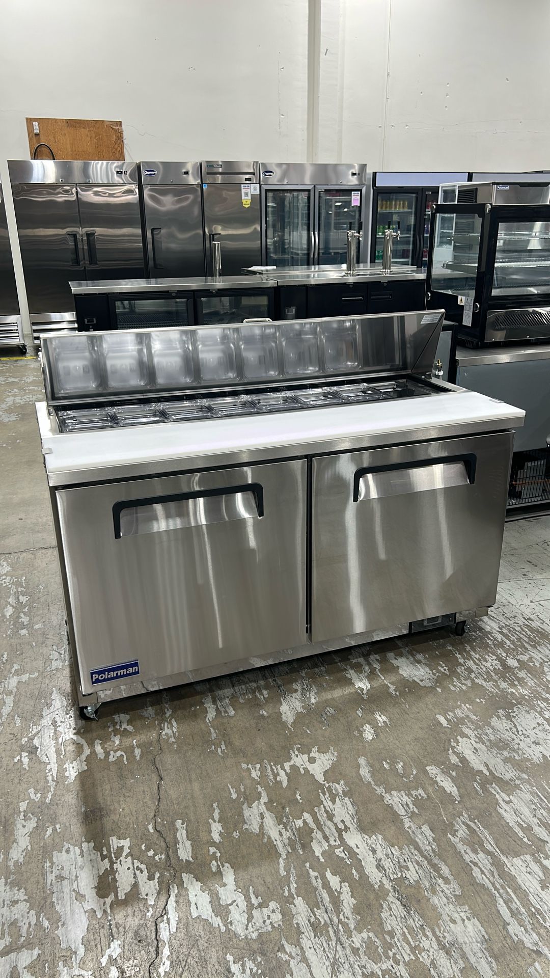 61 1/4" Sandwich Salad Prep Table Refrigerator – Polarman PLM-S60S Stainless Steel, 2 Solid Doors   
