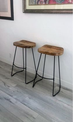The Urban Port 30" Handcrafted Backless Barstool Natural Brown Mango Wood Saddle Seat Black Metal Base Brown/Black