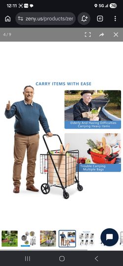 Folding Shopping Cart with Wheels and Double Basket for Groceries Laundry Book Luggage Travel, Black