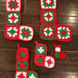 (SET OF 5) Handmade crocheted, granny square Christmas stockings
