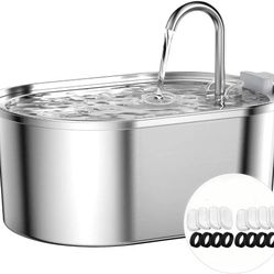 Stainless Steel Cat Water Fountain: 108oz/3,2L Pet Water Fountain with 8 Carbon Filter + 8 Sponge - Cat Fountains for Drinking Dishwasher Safe Design 