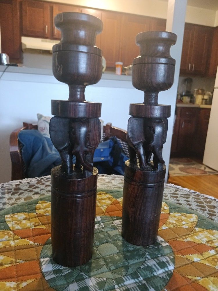Antique Wooden African Elephant Candlestick Holder
