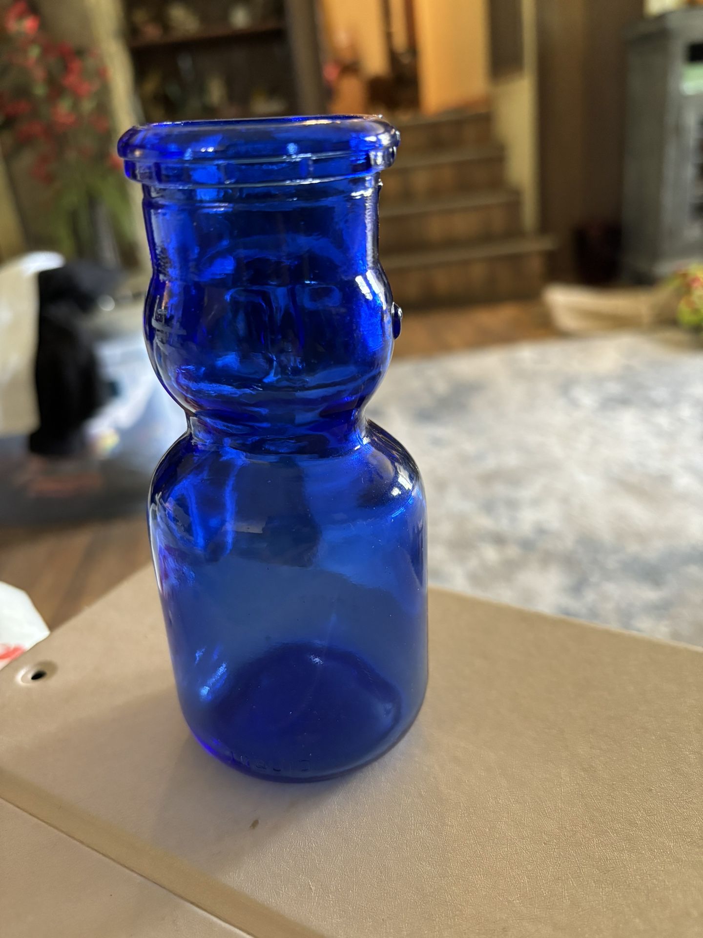 Vintage Cobalt Baby Face Blue 1/2 Pint Milk Bottle 