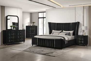 Black Upholstered Bedroom Set with Wingback Bed New in Box