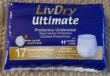 New LivDry Ultimate Adult Incontinence Protective Diapers Underwear, Max Absorbent Size M - 17 Count