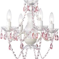 Pink Chandelier White Chandeliers Lighting with Acrylic Crystals Mini 4 Lights Pendant Light for Bedroom and Girls Room