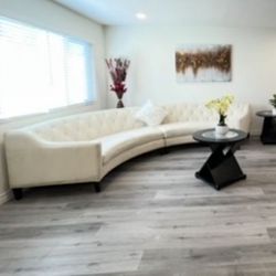 White Curve Sofa & 2 Round End Tables