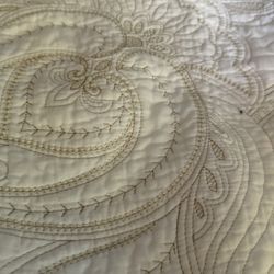 Quilted  King Size Shams White With Tan PaisleyStitching & Ties In Back Tan Trim