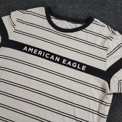 American Eagle Mens Crewneck Tshirt Size Large White Black Striped Short Sleeve